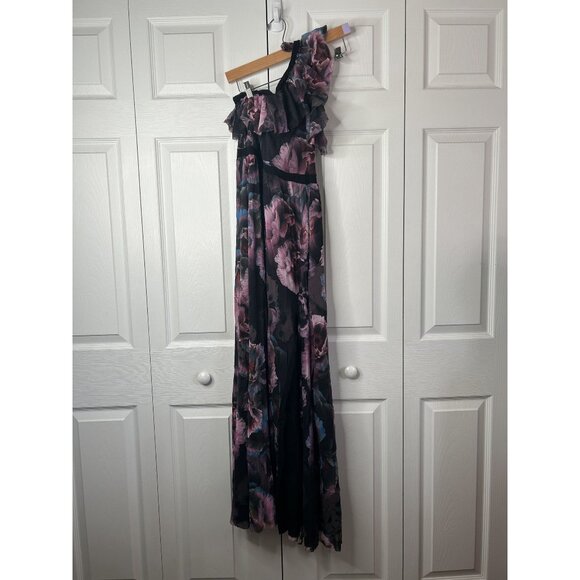 Fuzzi Black Purple Floral Print One Shoulder Maxi Dress Gown Women's Medium M - Picture 1 of 9
